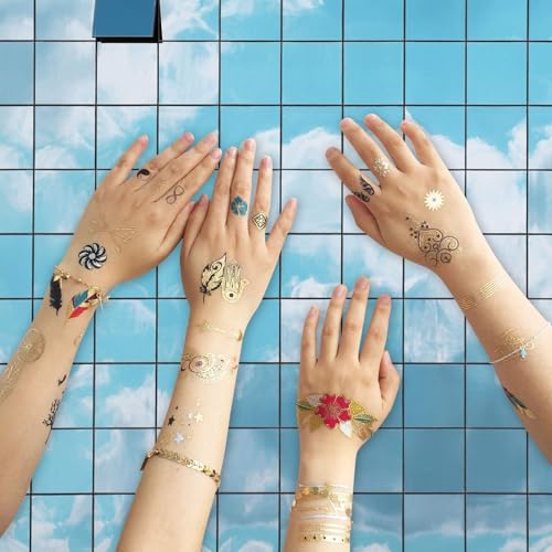 Aresvns Gold Silver Metallic Temporary Tattoos for Women & Girls - 32 Sheets, Waterproof & Removable Body Art