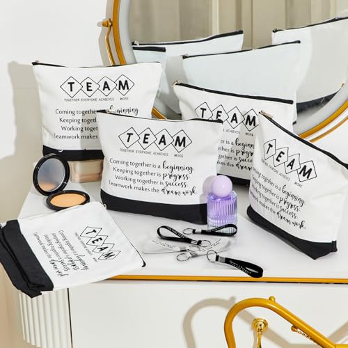 Sanwuta 48 Pcs Canvas Cosmetic Bag Bulk Appreciation Gift Inspirational Canvas Makeup Bags Keychains Set Christmas Party Favors for Teacher Students Employees Coworker Women (Team)
