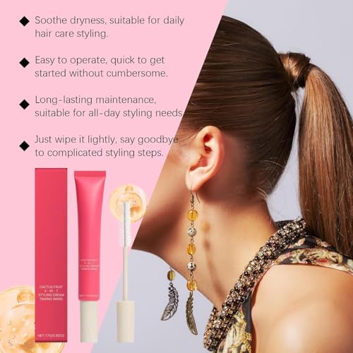 3-In-1 Hair Styling Cream, Hair Cactus Fruit 3-In-1 Styling Cream & Taming Wand, Smooth Frizz, Cactus Fruit Extract for Tames Flyaway H-air, Enhances Shine, Non-Greasy, for Women & Girls (3 PCS)