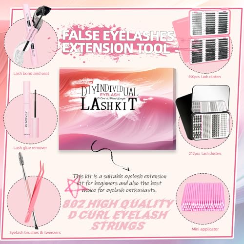 DIY Eyelash Extensions Kit with Spike Lash Cluster 802Pcs D Curl Wispy Individual Lashes Kit with Lash Bond and Seal,Quick Glue Remover Tweezers Eyelash Brush Mini Applicator