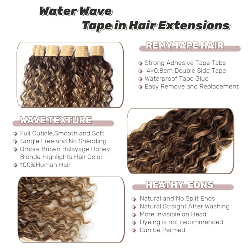Water Wave Tape in Hair Extensions - Ombre Brown Honey Blonde Highlights, 14 Inch, 50g/Pack, 20pcs, Reusable Invisible Tape, Natural Remy Human Hair - Variation #4/27/4(WW)