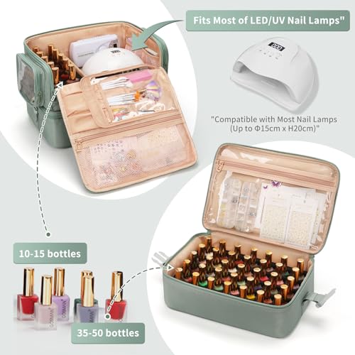 OCHEAL Nail Polish Organizer Bag 45+ Bottle Capacity with Side Pockets - Green, Detachable 2-in-1 Nail Tech Storage Case