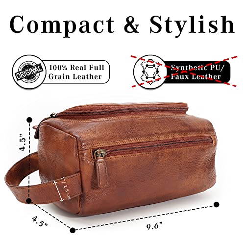 Premium Handmade Leather Toiletry Bags for Men and Women, Genuine Leather Dopp Kit and Shaving Bag for Men, Travel Cosmetic Bag for Women's and Men's, Retro - Cognac