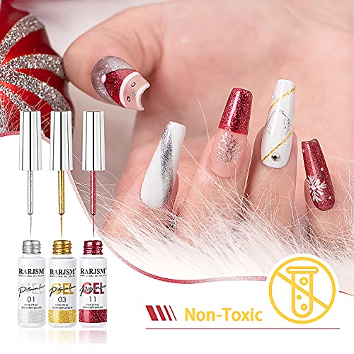 RARJSM Painted Gel Nail Polish Set, Nail Art Metallic Liner Painting Polish Set U V L E D 12 Colors Platinum Liner Gel Champagne Glitter Silver Rosa Gold Green Blue Purple Paint for Nail Art Design