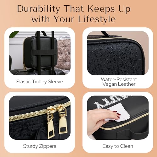 Makeup Bag with LED Mirror ? Travel Cosmetic Organizer with Lighted Mirror, Adjustable Dividers & Brush Holder Storage ? Portable PU Leather Makeup Case for Women & Girls - Black