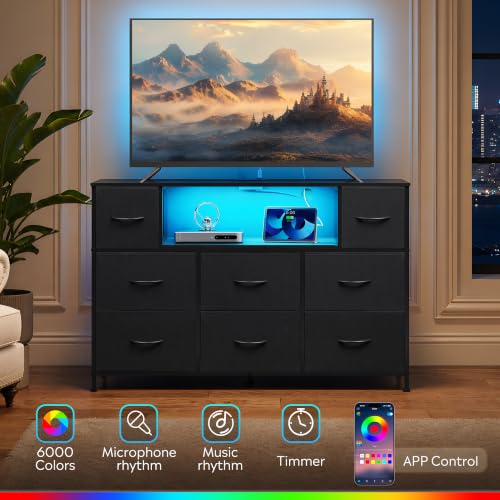 LED TV Stand for 55 Inch TV with 8 Drawers, RGB Ambient Lighting, Black - Adjustable & Durable