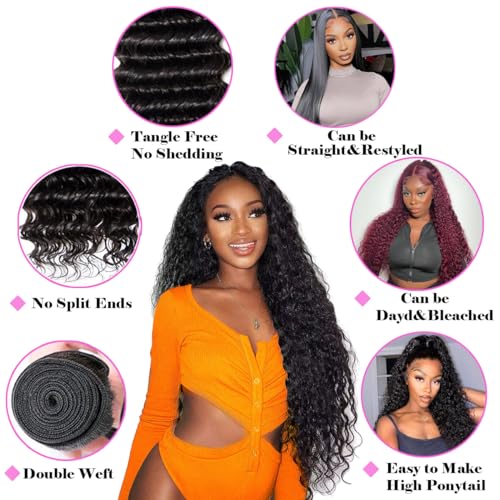 Deep Wave Hair Bundles with Lace Closure - 16 16 18 18 + 14 Inch Human Hair Set - Natural Brazilian Virgin Wave