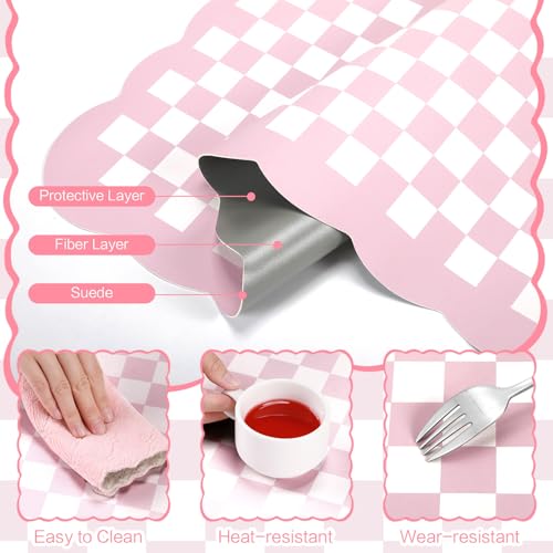 Nuanchu Pink Checkered Make up Mat, Pastel Vanity Makeup Pad Dual Sided Make up Mat for Vanity Easy to Clean Makeup Pad Waterproof and Oilproof(Scalloped)