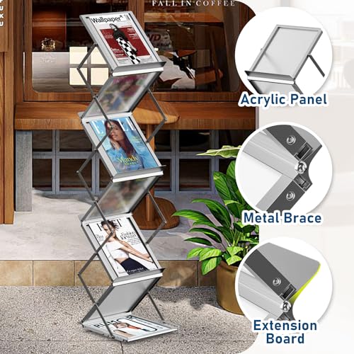 7-Pocket Brochure Display Stand - Adjustable Literature Rack with Carrying Bag - Silver