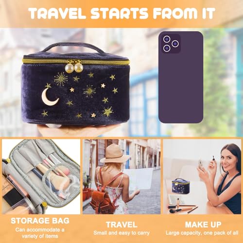 Patelai 2 Pcs Velvet Makeup Bag Moon Stars Cosmetic Bags Navy Blue Goth Embroidered Makeup Pouch Portable Travel Starry Pouch Toiletry Wash Bags Cute Storage Clutch Handbags for Women Gifts