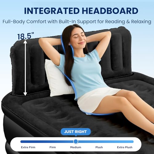 Queen Air Mattress with Headboard & Built-In Pump, Heavy Duty Support