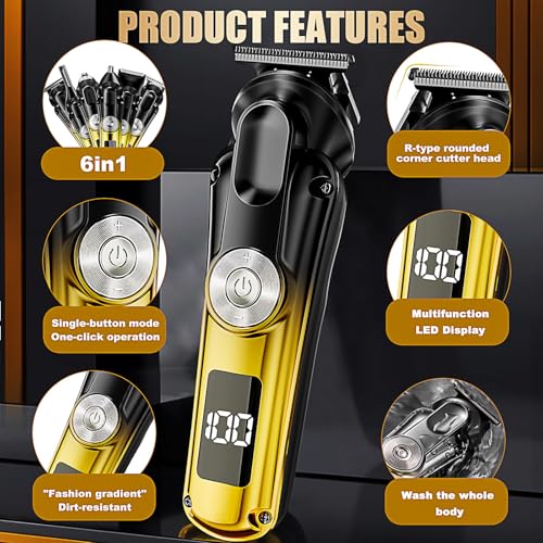 Gzbdz 6-in-1 Waterproof Men’s Beard & Hair Trimmer Kit with T-Blade, Nose & Body Groomer