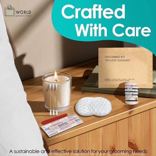 World Amenities Kraft Paper Grooming Kit - Travel Size Toiletries - Cotton Rounds, Bamboo Cotton Tips, Sewing Kit, Emery Board (50 Pack)