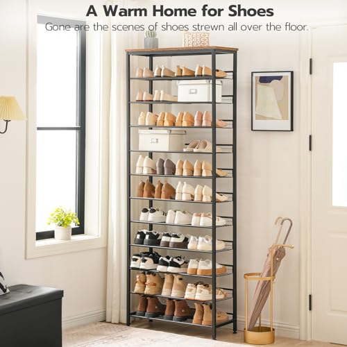 12-Tier Shoe Rack Organizer for Entryway - Large Capacity, Adjustable Mesh Shelves, Rustic Brown & Black