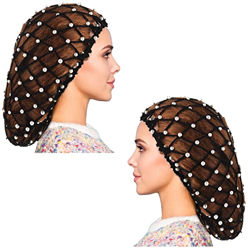 MTLEE 2 Pcs Black Mesh Crochet Pearl Hair Snood Rayon Knit Crocheted Sleeping Cap Net for Women Long Curly Hair