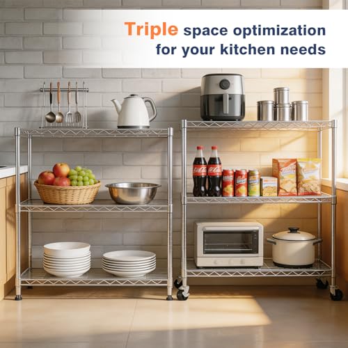 Adjustable 3-Tier Metal Wire Shelving Rack - Chrome Finish, 35.4x17.7x36.5 Inches - Heavy Duty Storage Shelf with Wheels - Variation of THIS listing