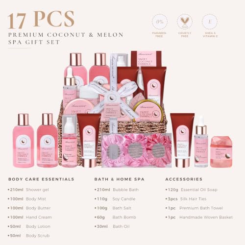Coconut Melon Spa Gift Basket for Women - 17-Piece Relaxation Set