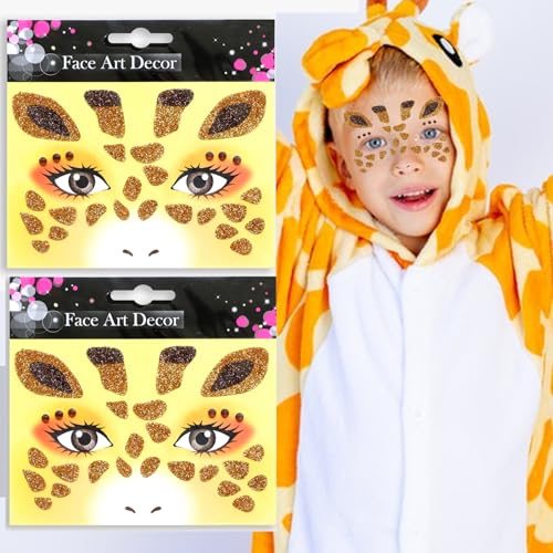 Giraffe Face Tattoo Stickers Yellow Glitter Giraffe Face Gems for Boy Girls Cute Animal Temporary Tattoo Decal Party Birthday Cosplay Face Temporary Tattoo for Makeup 2 sheets
