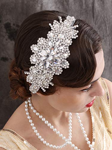SWEETV Silver Rhinestone Flapper Headband 1920s Gatsby Hair Accessories for Women