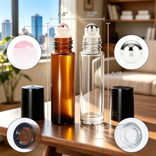 60 Pack Reusable Essential Oil Roller Bottles 10ml - Amber & Clear Variation