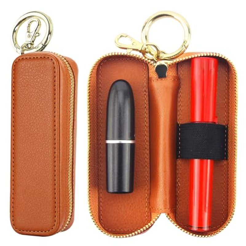 Bocasal Leather Lipstick Case Holder Chapstick Keychain Pouch, Zipper Lip Balm Lip Gloss Bag for Purse with Key Chain Elastic Band, Makeup Travel Organizer Cosmetic Storage Kit for Women Girls (Brown)