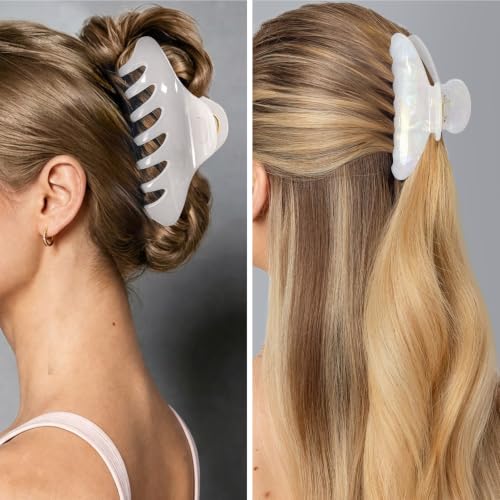 GlamUp 2Pcs Hair Claw Clips XL 5.5in & M 4.3in Acetate, White Pearl & Jelly Blush Pink – Strong Hold Gift Box