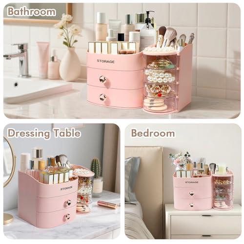 Makeup Organizer Countertop with Drawers, Make up Organizers for Vanity, Skincare Jewelry Earring Organizers, Cosmetic Display Cases Makeup Storage for Bedroom & Bathroom, Ideal Gifts for Women(Pink)