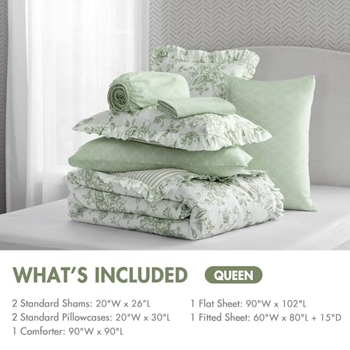 Queen Floral Comforter Set with Sheets - Reversible Shabby Chic Bedding, 7 Pieces - Green