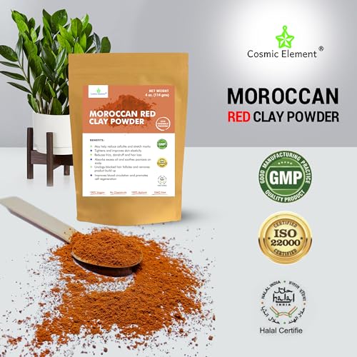 Cosmic Element Moroccan Red Clay Powder - Red Clay Powder for Skin | Suitable for Face, Body Wraps & Hair Care | Clay Mask for Face | Red Clay Masks, Wraps, Scrubs, Soaps, Bath Bombs & Detox ? 4 oz