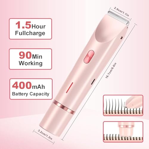 Bikini Trimmer for Women, Waterproof Electric Shaver ? Painless Pubic Hair Remover with Ceramic Blades, USB-C Rechargeable (Pink)
