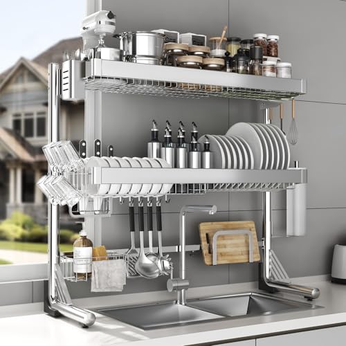 Silver 3-Tier Over The Sink Dish Drying Rack Adjustable 20.9-37.4 Inch