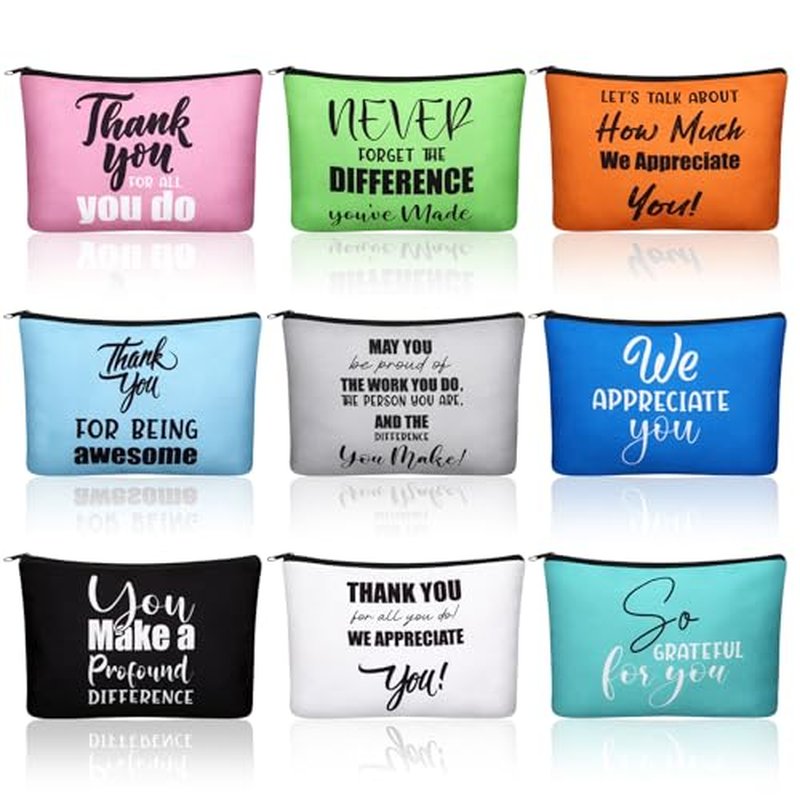 Kacctyen 9 Pcs Employee Appreciation Gift Bulk Inspirational Thank You Gift for Women Employee Makeup Bag Zipper Pouch Canvas Cosmetic Bag for Social Worker Volunteer Team Staff Teacher Nurse Coworker