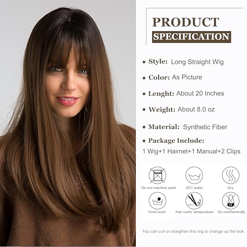 Esmee Long Straight Synthetic Brown Wig with Bangs - 20 Inch, Adjustable Cap, Cosplay & Fashion