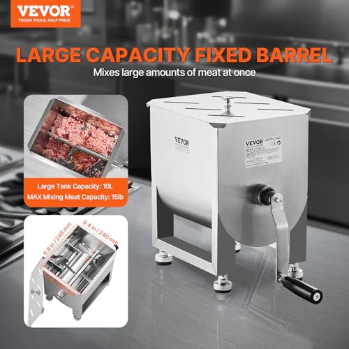 VEVOR 10L Manual Meat Mixer with Lid Handle, Heavy Duty Stainless Steel for Sausage & Ground Beef - Variation