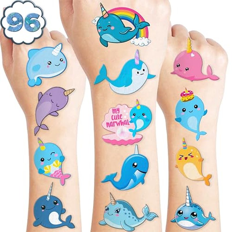 107 PCS Cute Narwhal Temporary Tattoos Themed Birthday Party Supplies Decorations Favors Decor Under The Sea Baby Tattoo Stickers Gifts For Boys Girls Class Prizes Carnival