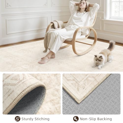 Round 8ft Washable Beige Area Rug - Soft Vintage Style Living Room Carpet with Non-Slip Backing