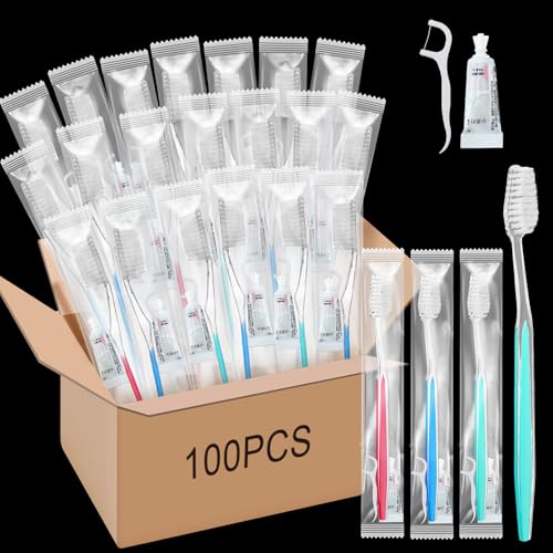 Maxcheck 100 Sets Disposable Toothbrushes with Toothpaste & Dental Floss Bulk Variety