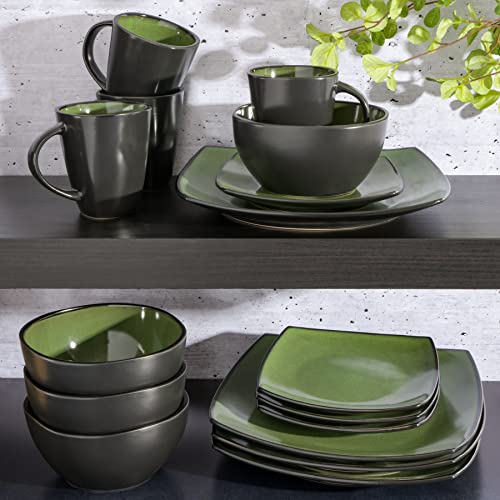 Gibson Soho Lounge 16-Piece Dinnerware Set for 4, Green - Modern Square Stoneware