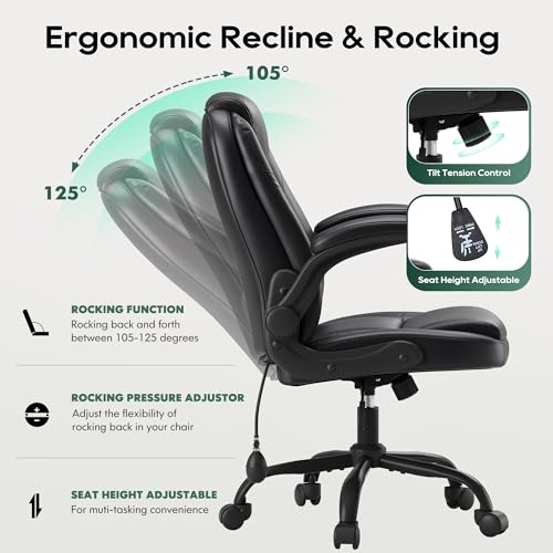 Black Adjustable Lumbar Support Office Chair with Flip-Up Arms - Ergonomic Executive Desk Seat - MALOL