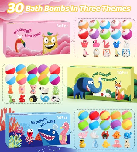 30-Pack Kids Bath Bombs with Toys Inside – 3 Themes Ocean Land Sky, 10 Surprises, Gentle Bubble Bath