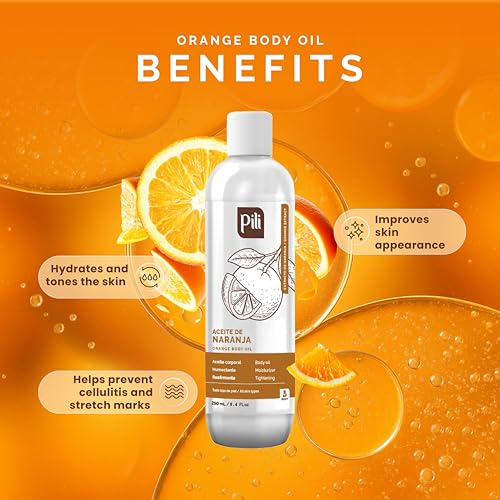 Pili Natural Orange Oil - Skin Tonic and Moisturizing Body Oil - Massage Oil. Prevents Cellulite, Stretch Marks, Firms & Tightens Skin. 8.4 fl oz.