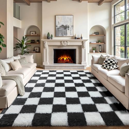 8x10 Black and White Checkered Shag Area Rug - Large Fluffy Plush Carpet for Living Room & Bedroom - Non-Slip Fuzzy Fuzzy Fuzzy Rug for Kids & Home Decor
