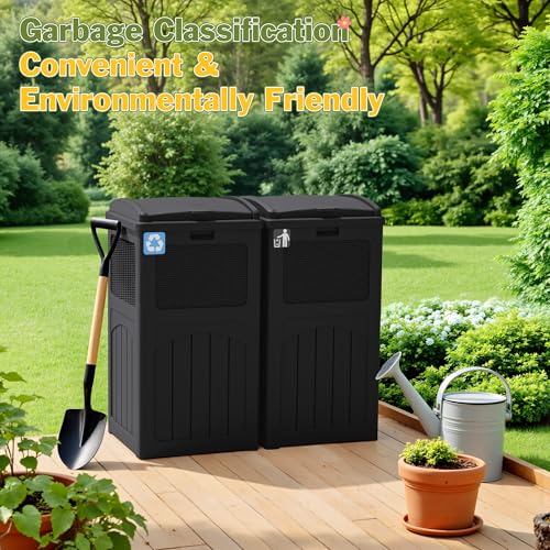 Greesum 33 Gallon Outdoor Waterproof Resin Trash Can with Lid - 2 Pack, Black