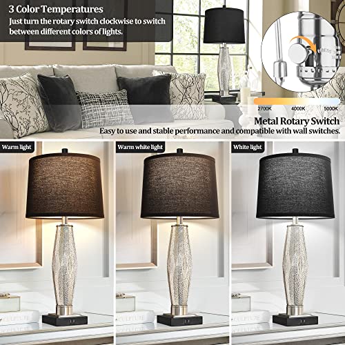 Black QiMH Set of 2 Glass Table Lamps with USB Charging Ports, Modern Nightstand Lights