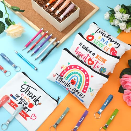 Hosuly 36 Pieces Teacher's Day Teacher Appreciation Gift Set Canvas Makeup Cosmetic Bags with Zipper Silicone Appreciation Keychain 0.5 mm Teacher Ballpoint Pens for Teachers Office Supplies