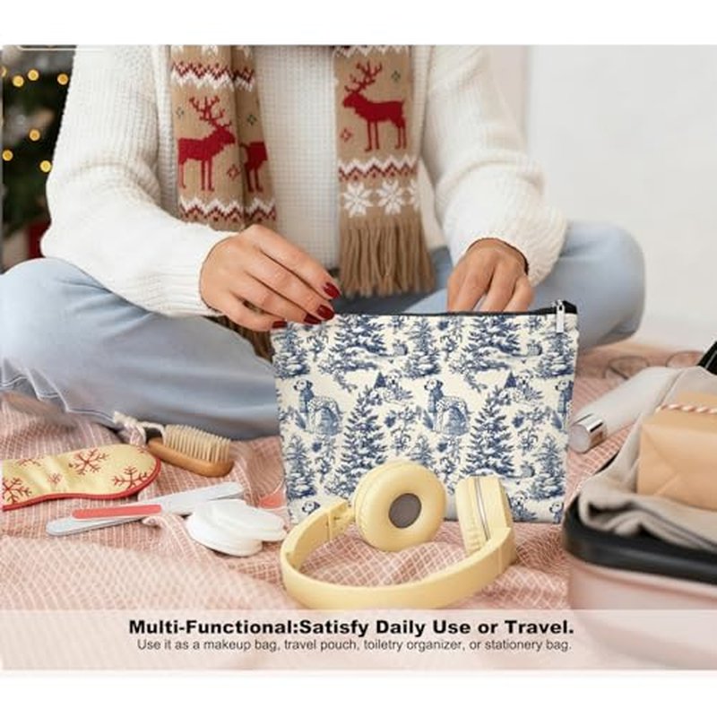 Blue Toile Dalmatian Christmas Makeup Bag for Women, Vintage Dog Print Cosmetic Pouch, French Country Holiday Travel Toiletry Bag, Cute Dalmatian Lover Gift