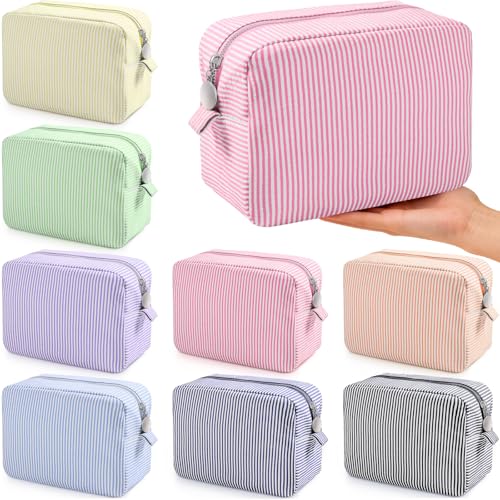 Giesiery 8 Pcs Seersucker Makeup Bags Striped Cosmetic Bags Bulk Organizer for Women Preppy Travel Toiletry Pouch for Wedding Bridesmaid Gifts (Pastel Color, Large)