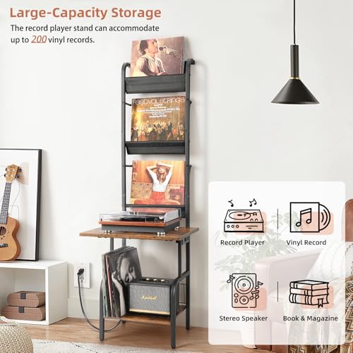 Record Player Stand with Power Outlet & Vinyl Storage - Black & Brown