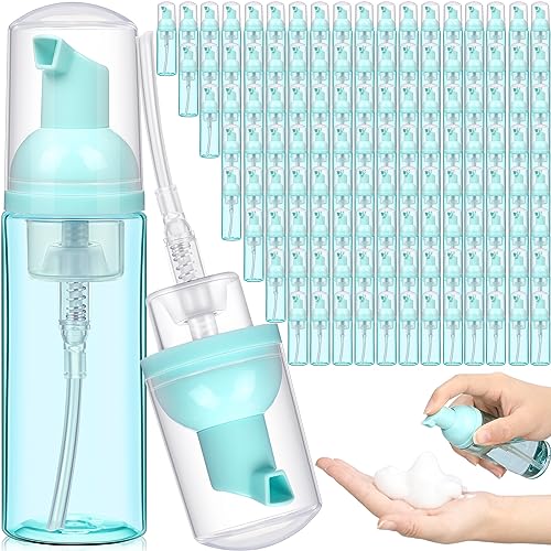 Dandat 120 Pcs 2 oz Plastic Foam Soap Dispensers Bulk Refillable Foaming Pump Bottle Empty Mini Shampoo Lash Cleaning Bottles for Travel Cosmetics Hand Soap(Green)