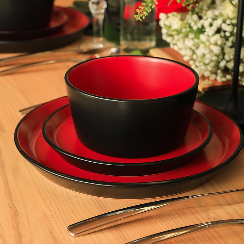 Stoneware Dinnerware Set for 4 - 16 Pieces, Red & Black, Modern Design